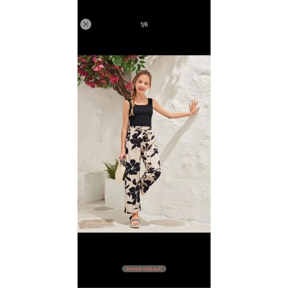 Shein Youth Black Tropical Ivory Satin Pants With Belt Sz 11Y New